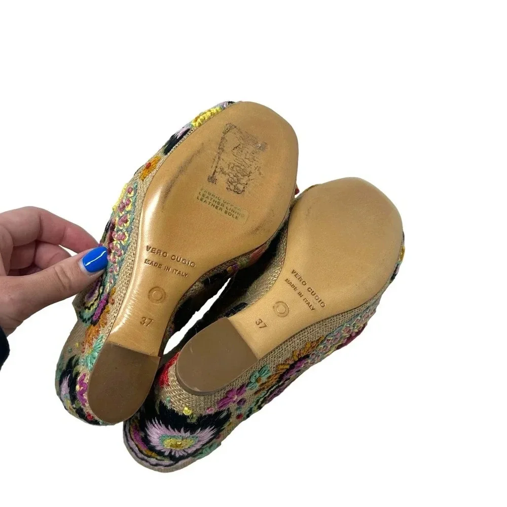 L'AUTRE CHOSE Floral Embroidered Wedge Sandals‎ Size 37 / US 6.5